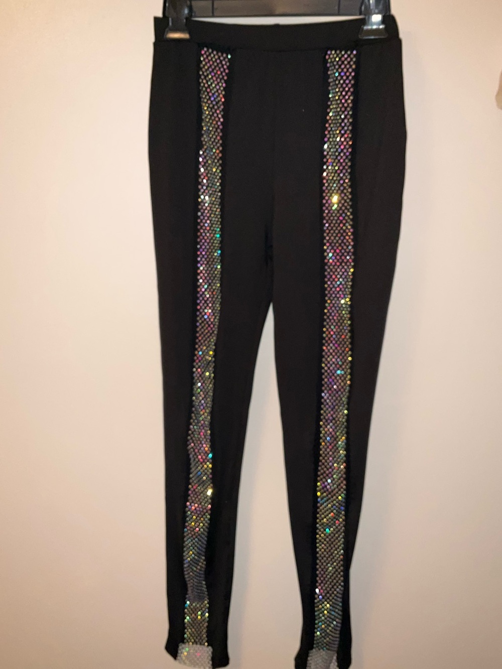 Fashion Nova Black Leggings with Multicolor Holographic Rhinestone Stripes
